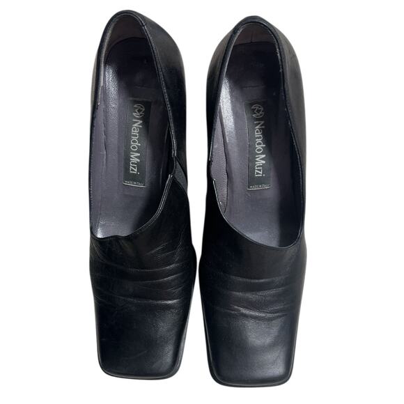 Nando Muzi Shoes Womens Black Leather Square Toe Block Heels 36 6 Italy - Picture 3 of 10